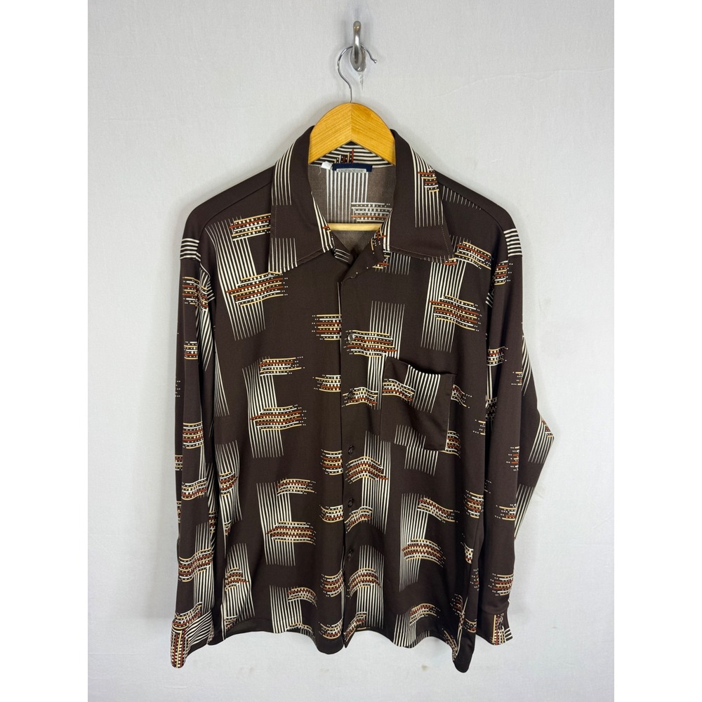 Vintage Arrow Canada‎ Mens XL Brown Geometric Disco Print Button Down Shirt 70s